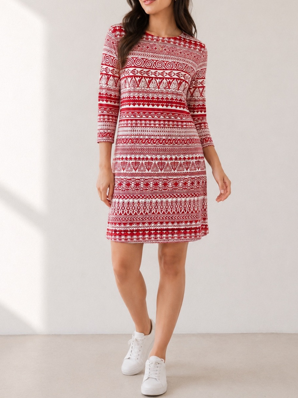 J. McLaughlin Sophia Pool Party Red Taupe Geo Print Catalina Jersey Dress